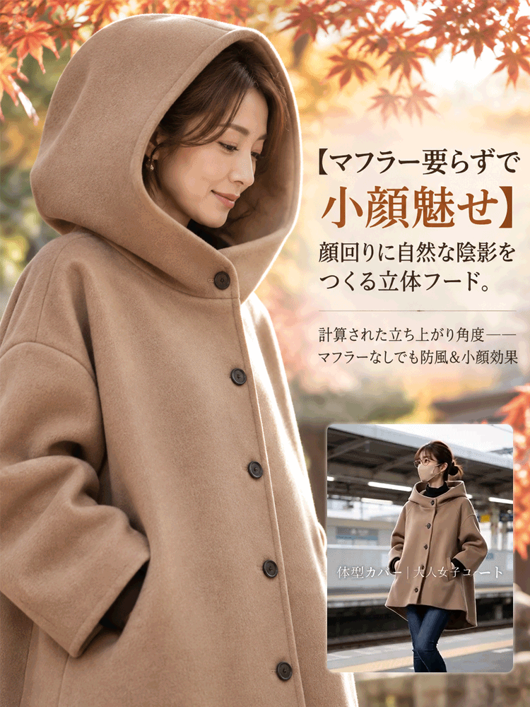 レディースゆったりカシミヤフード付きコート