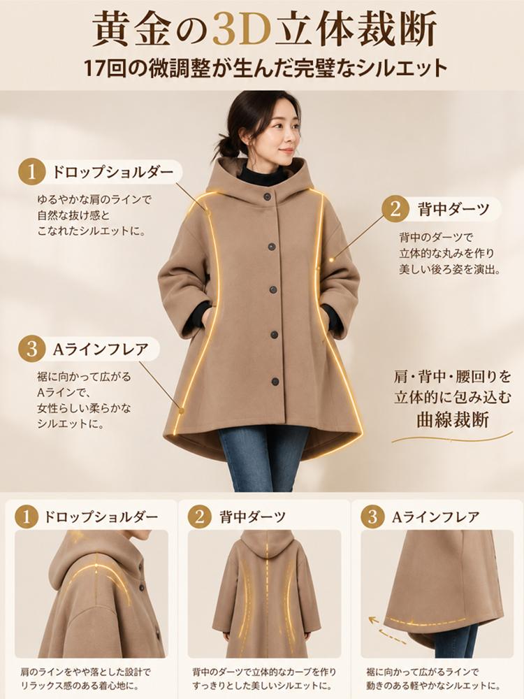 レディースゆったりカシミヤフード付きコート