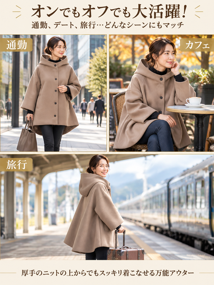 レディースゆったりカシミヤフード付きコート