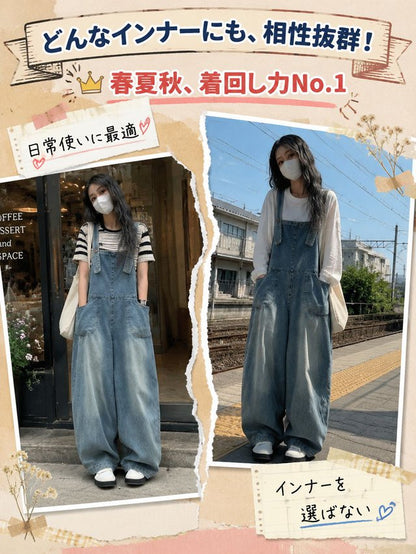 レトロ風のゆったりとしたスリムフィットデニムオーバーオール