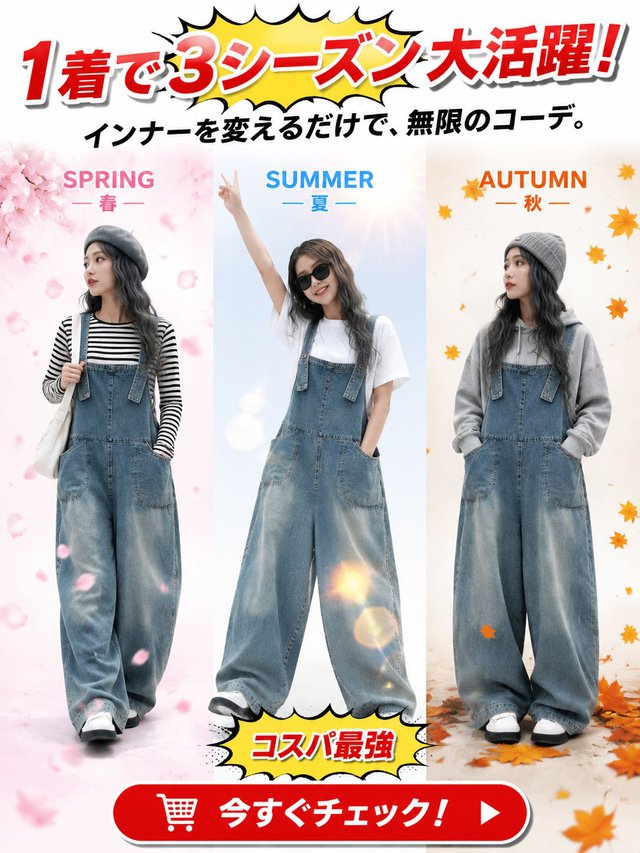 レトロ風のゆったりとしたスリムフィットデニムオーバーオール
