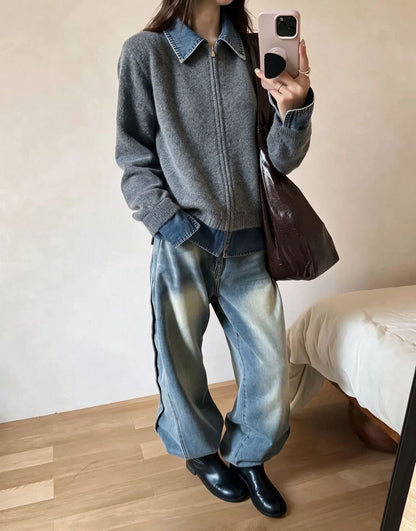 襟付きデニム×ウール切り替えトップス