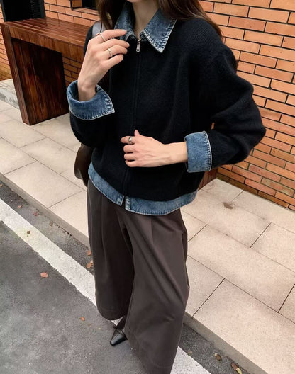 襟付きデニム×ウール切り替えトップス