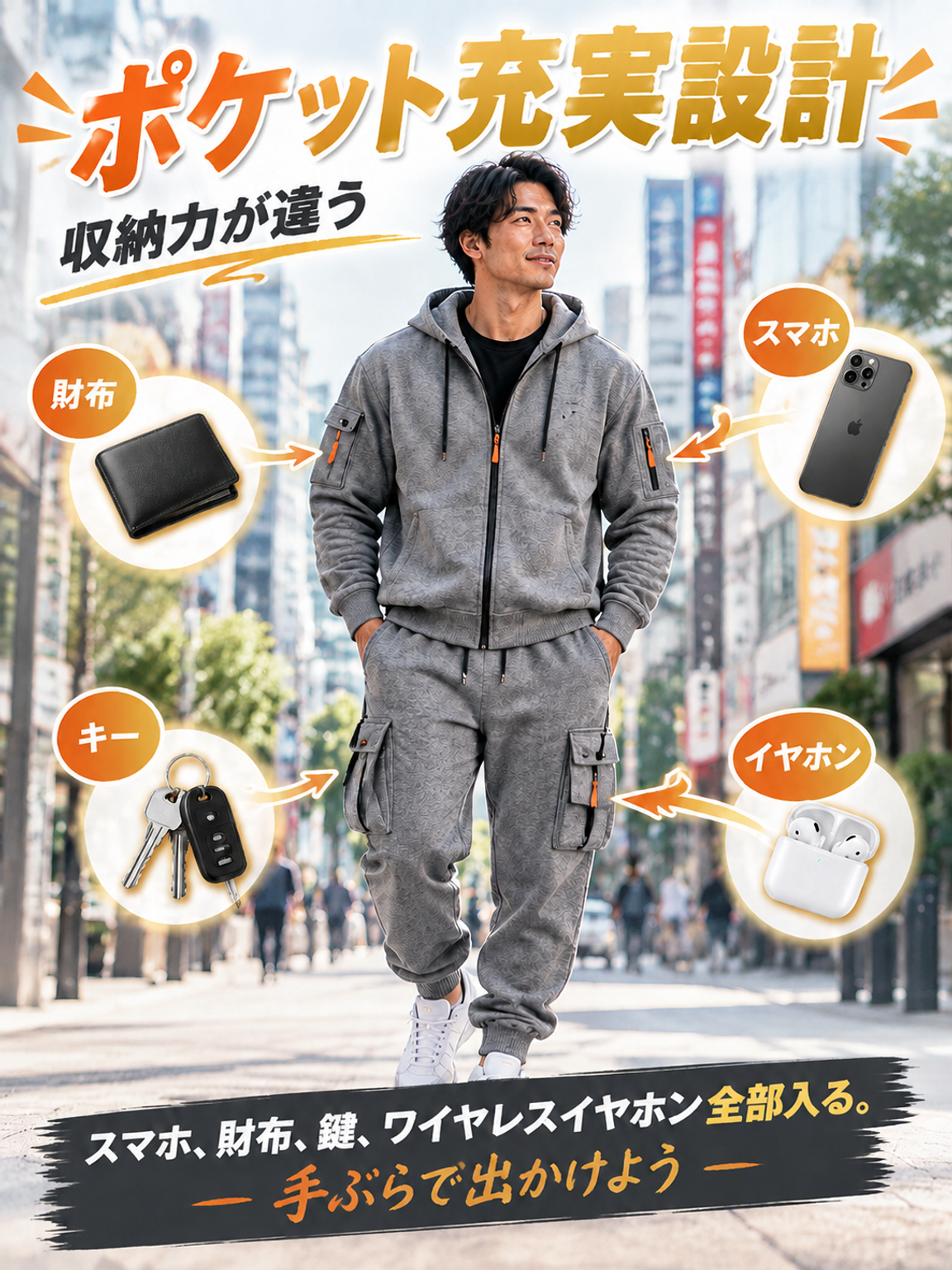 メンズジップアップパーカー上下セットアップ