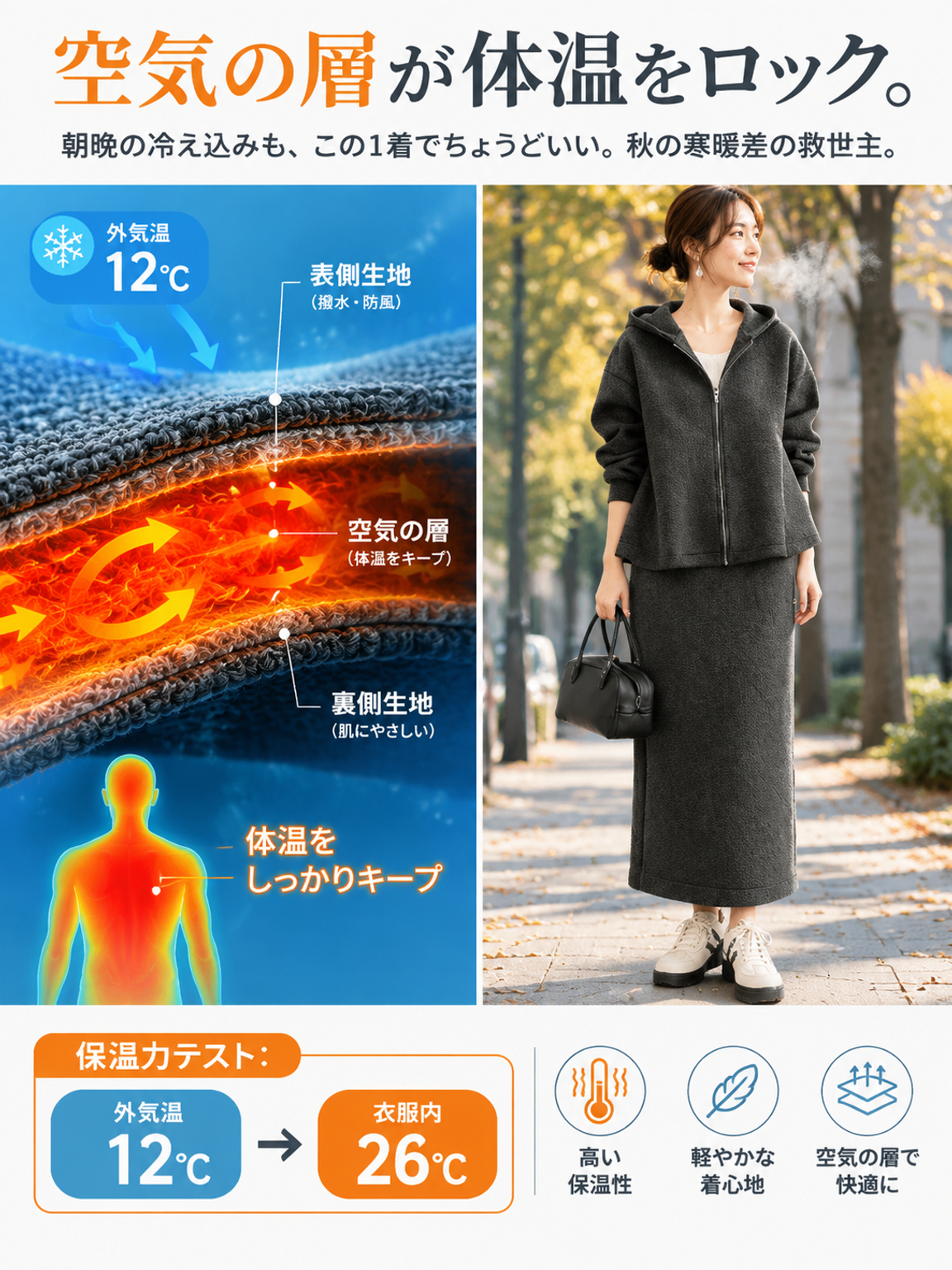レディースフード付きジップジャケット＆スカートセットアップ