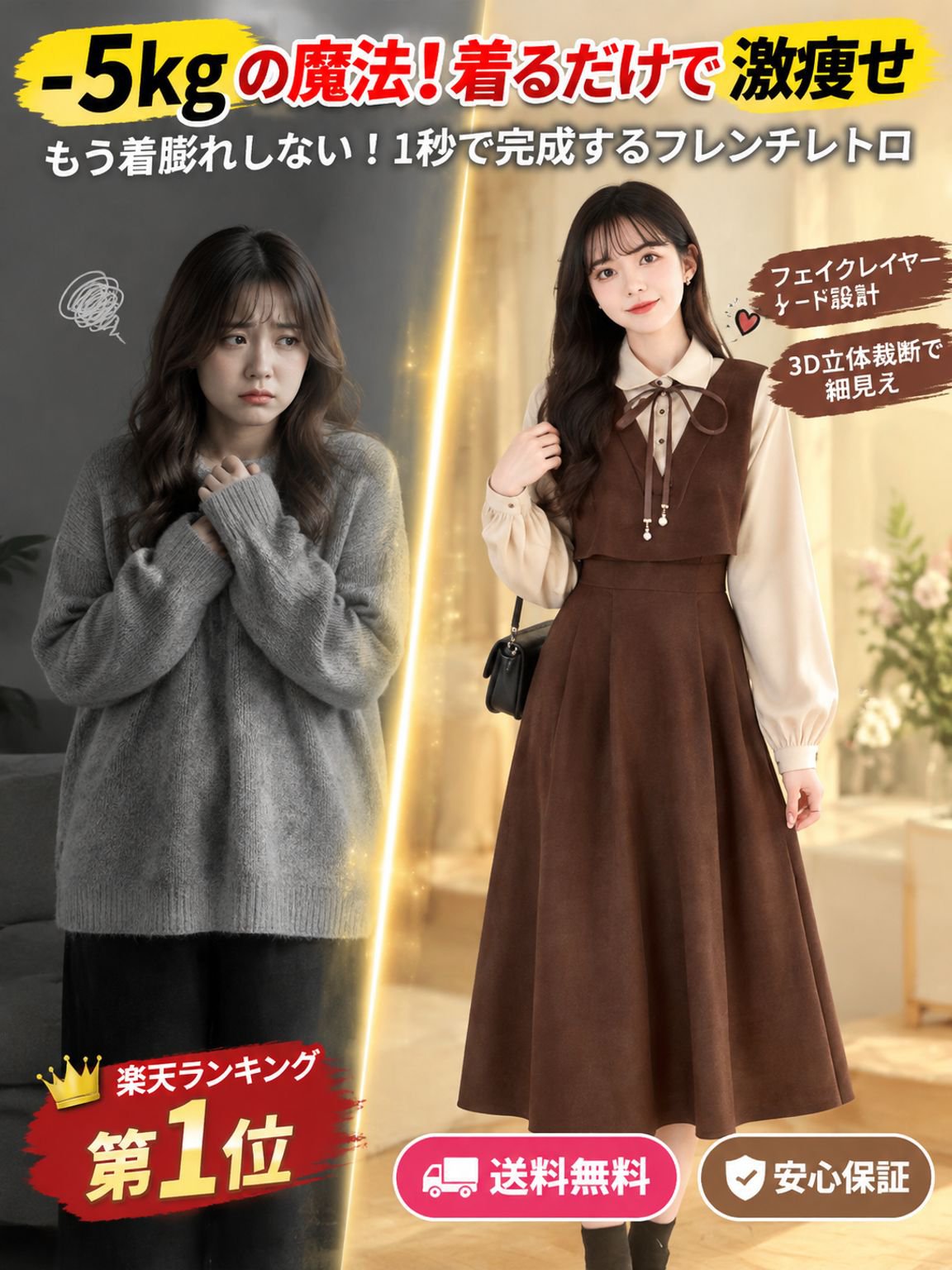 【神戸発・3D骨格補正級】着るだけマイナス5kg！蓄熱保温フレンチレトロ ドッキングマキシワンピース