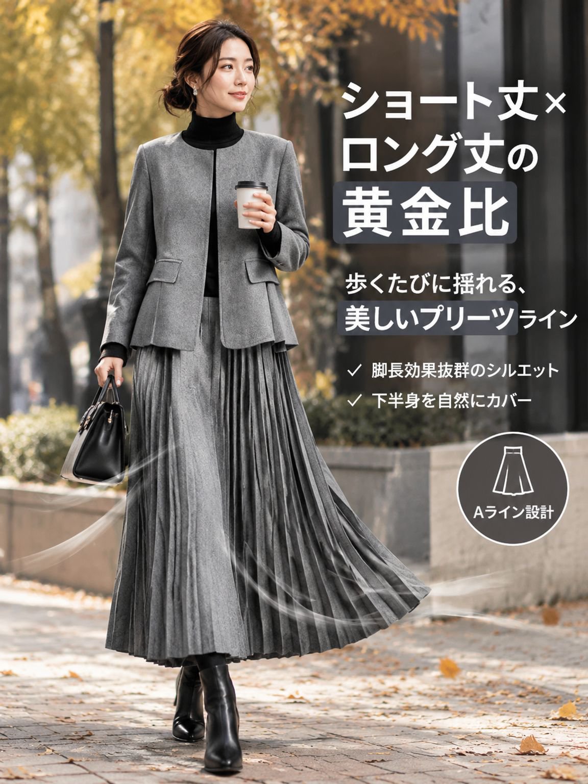 日本風クルーネックジャケットプリーツスカートセット
