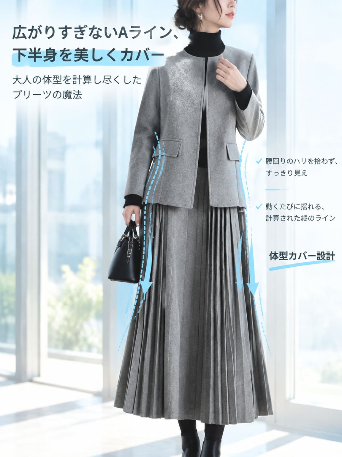 日本風クルーネックジャケットプリーツスカートセット