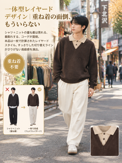 メンズこなれ感漂うポロカラーゆったり長袖ニットトップス