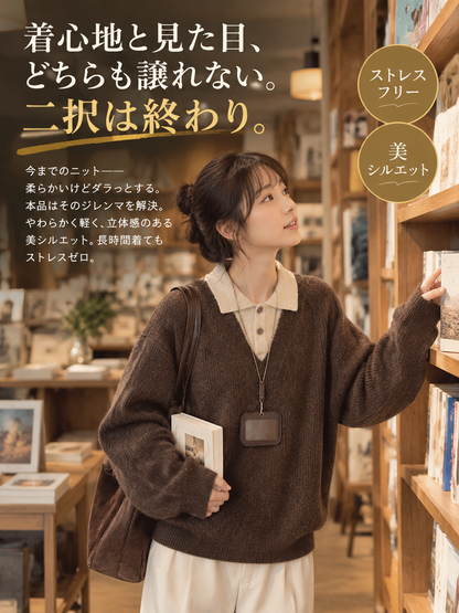 メンズこなれ感漂うポロカラーゆったり長袖ニットトップス