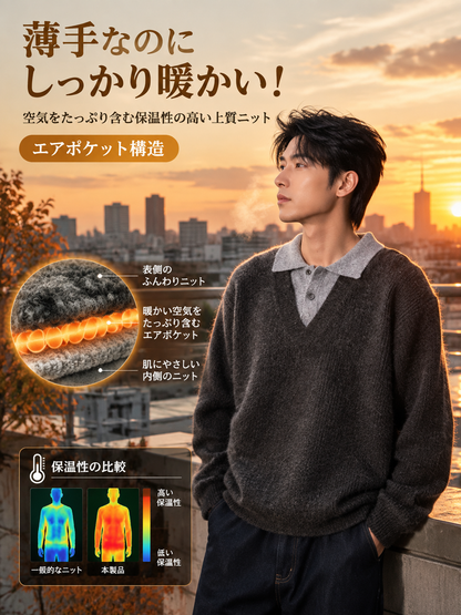 メンズこなれ感漂うポロカラーゆったり長袖ニットトップス