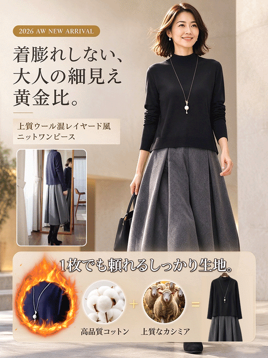 【秋冬新作】上質ウール混・計算された美シルエット。大人の時短レイヤード風ドッキングニットワンピース［着痩せ×極上の肌触り］
