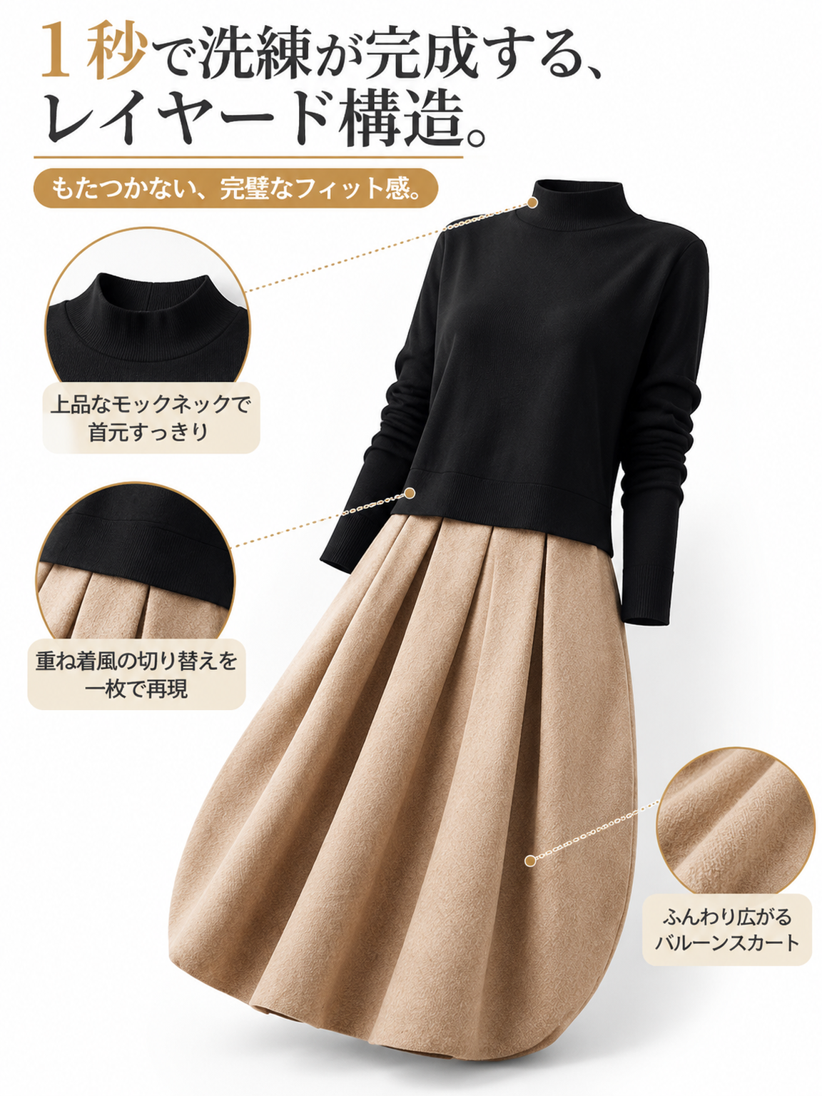 【秋冬新作】上質ウール混・計算された美シルエット。大人の時短レイヤード風ドッキングニットワンピース［着痩せ×極上の肌触り］