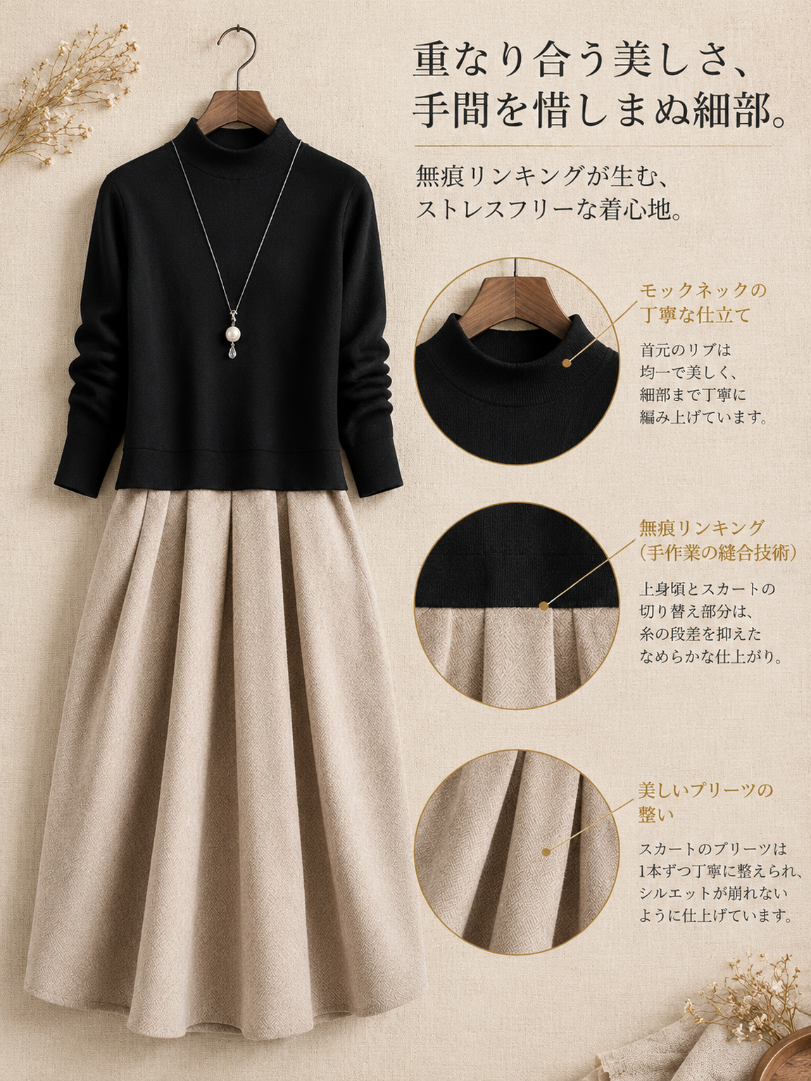 【秋冬新作】上質ウール混・計算された美シルエット。大人の時短レイヤード風ドッキングニットワンピース［着痩せ×極上の肌触り］