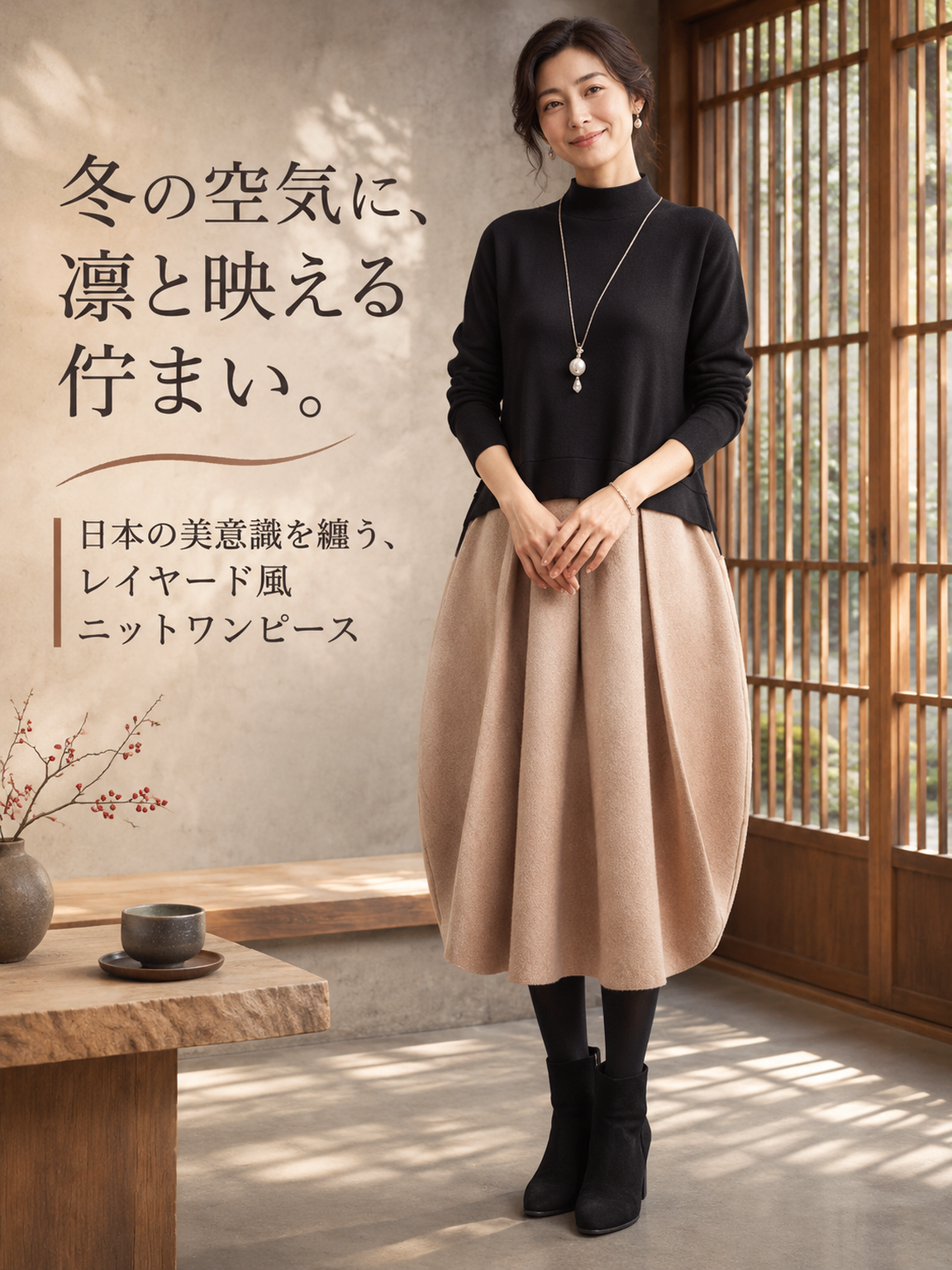 【秋冬新作】上質ウール混・計算された美シルエット。大人の時短レイヤード風ドッキングニットワンピース［着痩せ×極上の肌触り］