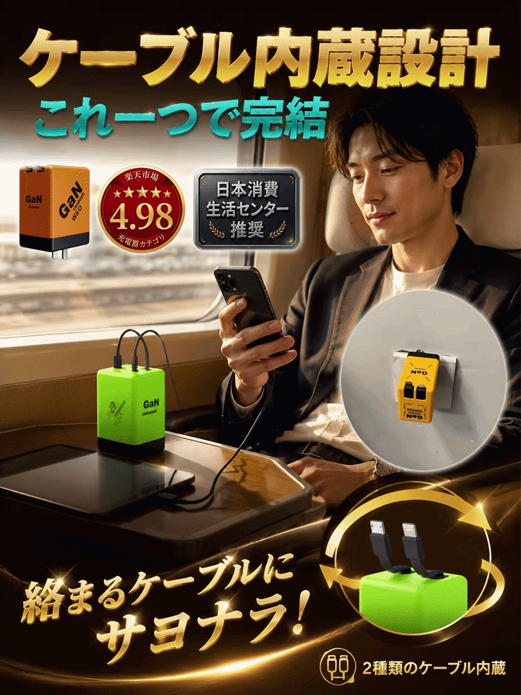 新世代GaN（窒化ガリウム）内蔵ケーブル充電器。コンパクトサイズで超高速充電！