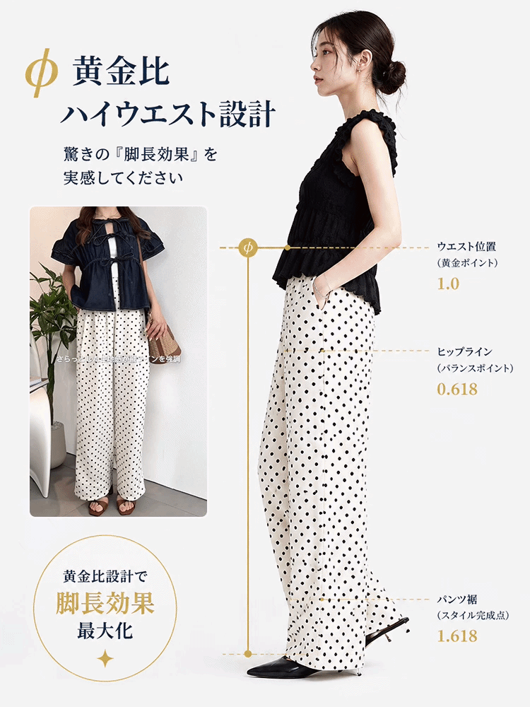 レディスハイストレッチ 細見えドット柄パンツ
